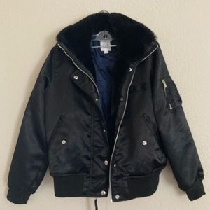 GAP faux fur-lined black satin bomber jacket